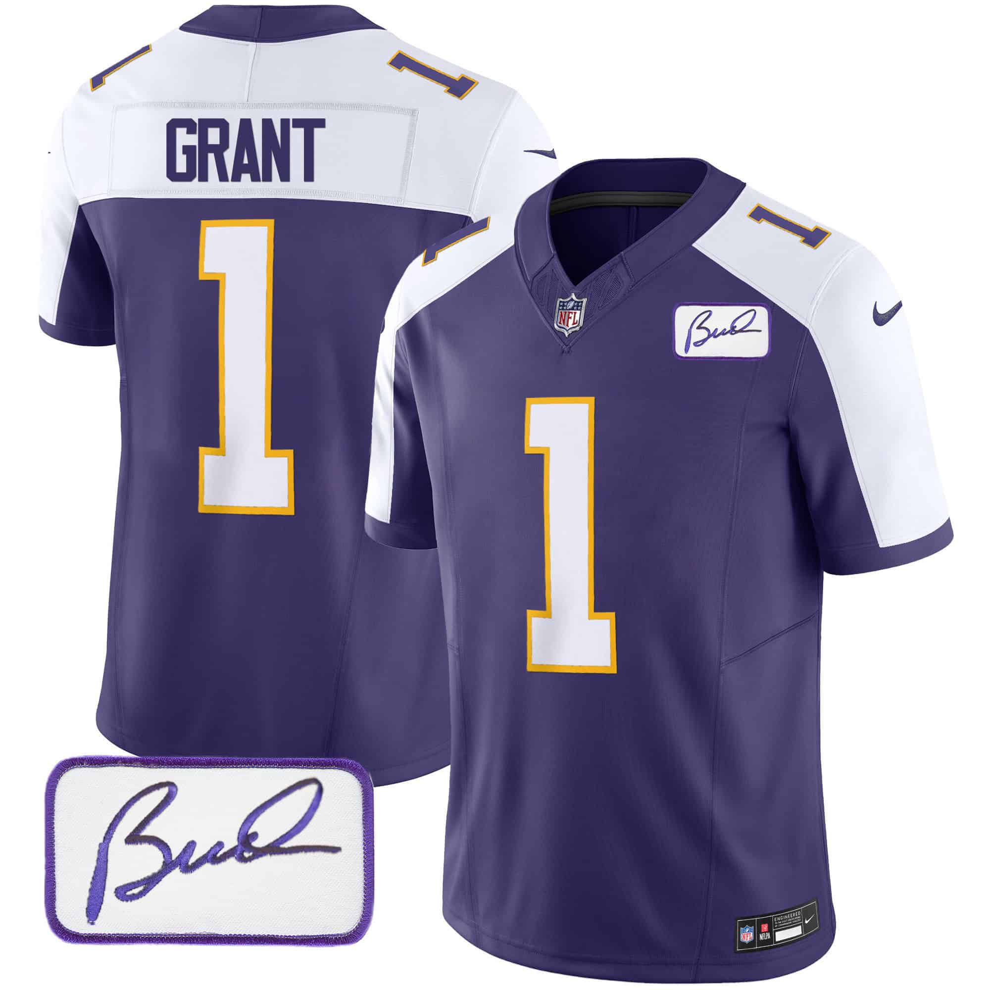 Men Minnesota Vikings 1 Grant Purple 2024 Nike Bud Grant Patch Classic Limited NFL Jersey